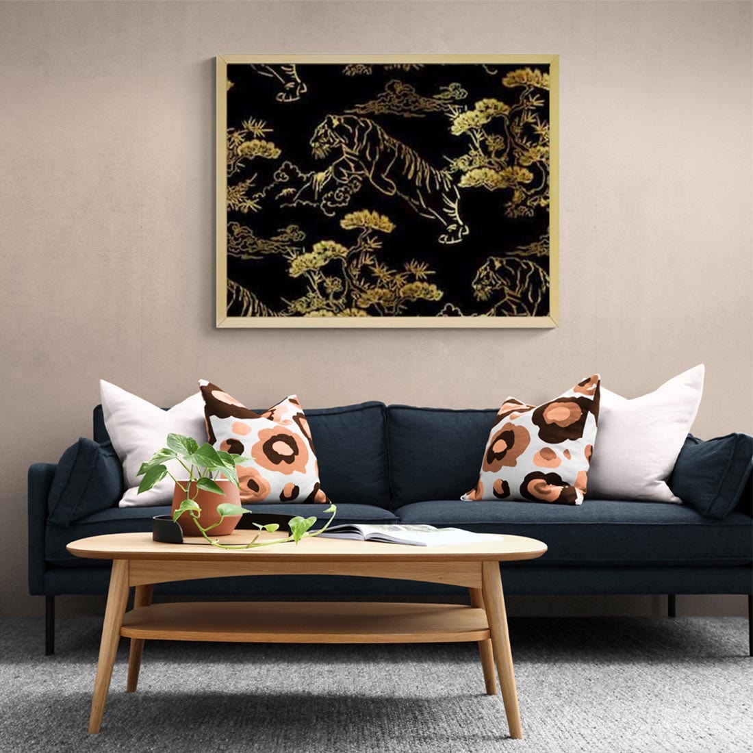 รูปพร้อมกรอบ DoseArt รุ่น japanese chinese vector design seamless pattern tiger nature 100x75 cm กรอบทอง