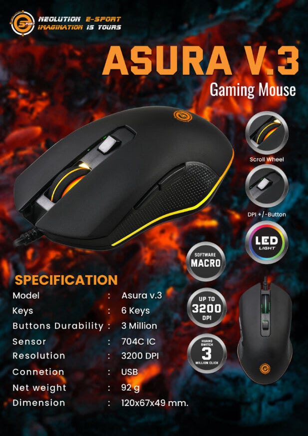 Neolution E-Sport Gaming Mouse Asura V.3 LED Colors Glow effect wired mouse with 1.5M braided cable  เมาส์เกมมิ่ง