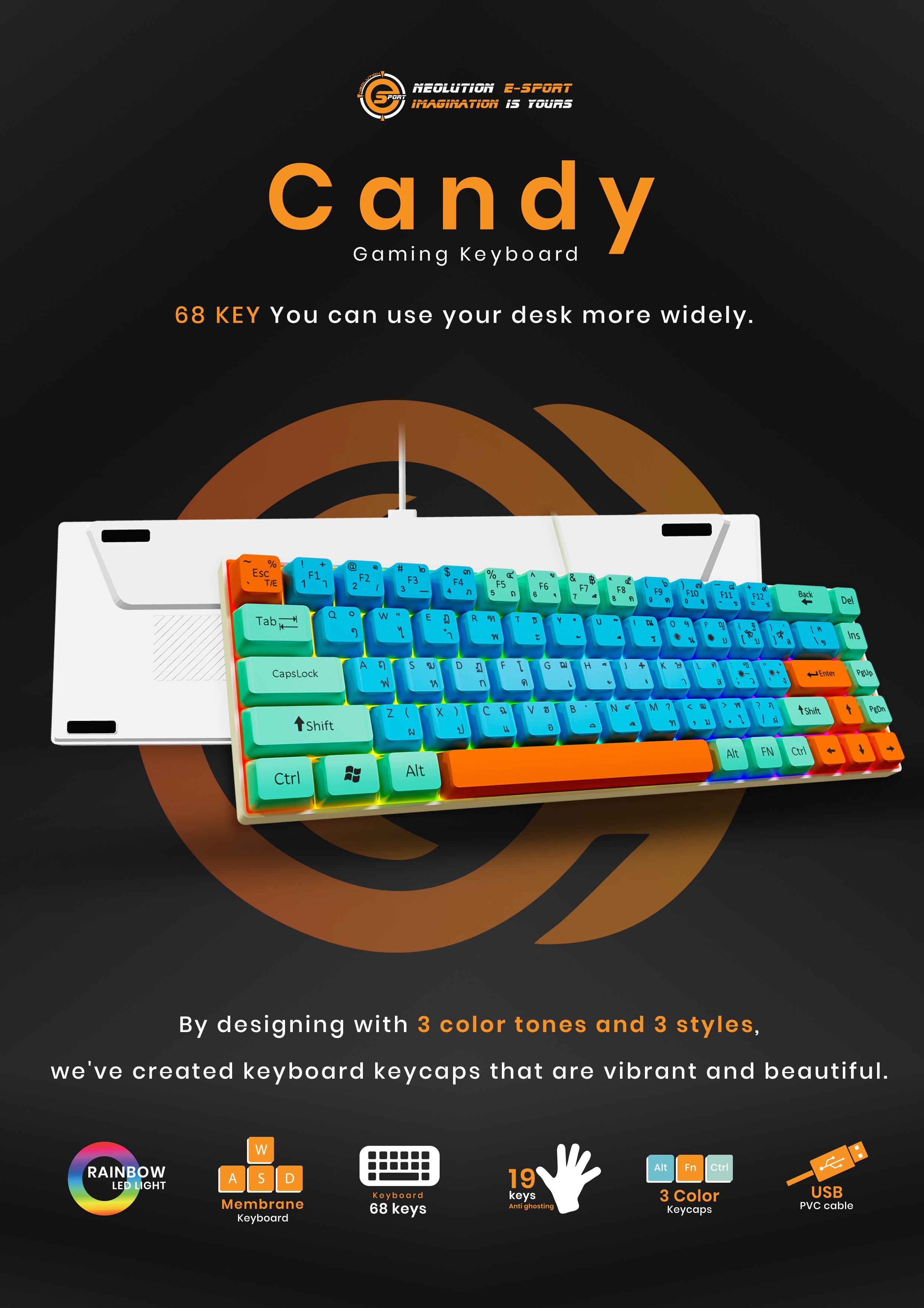 Neolution E-Sport Gaming Keyboard Candy Green Blue Orange คีย์บอร์ดเกมมิ่ง