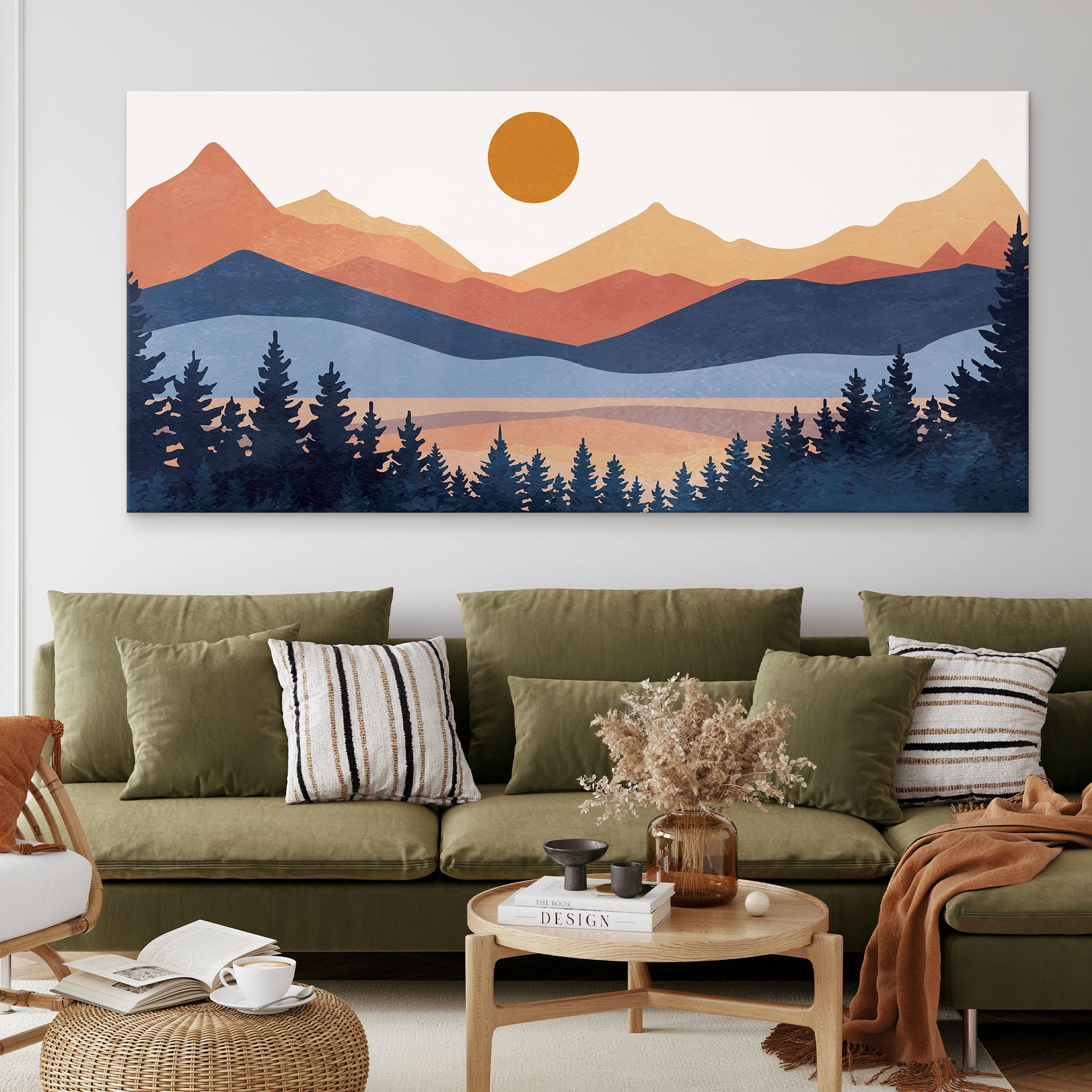 ภาพขึงเฟรมไม้พร้อมแขวน - ARTPRINTSIAM - Boho Chic Painting Landscape Illustration Colorful Mountains With Pine Forest And Setting Sun 170x80cm-1