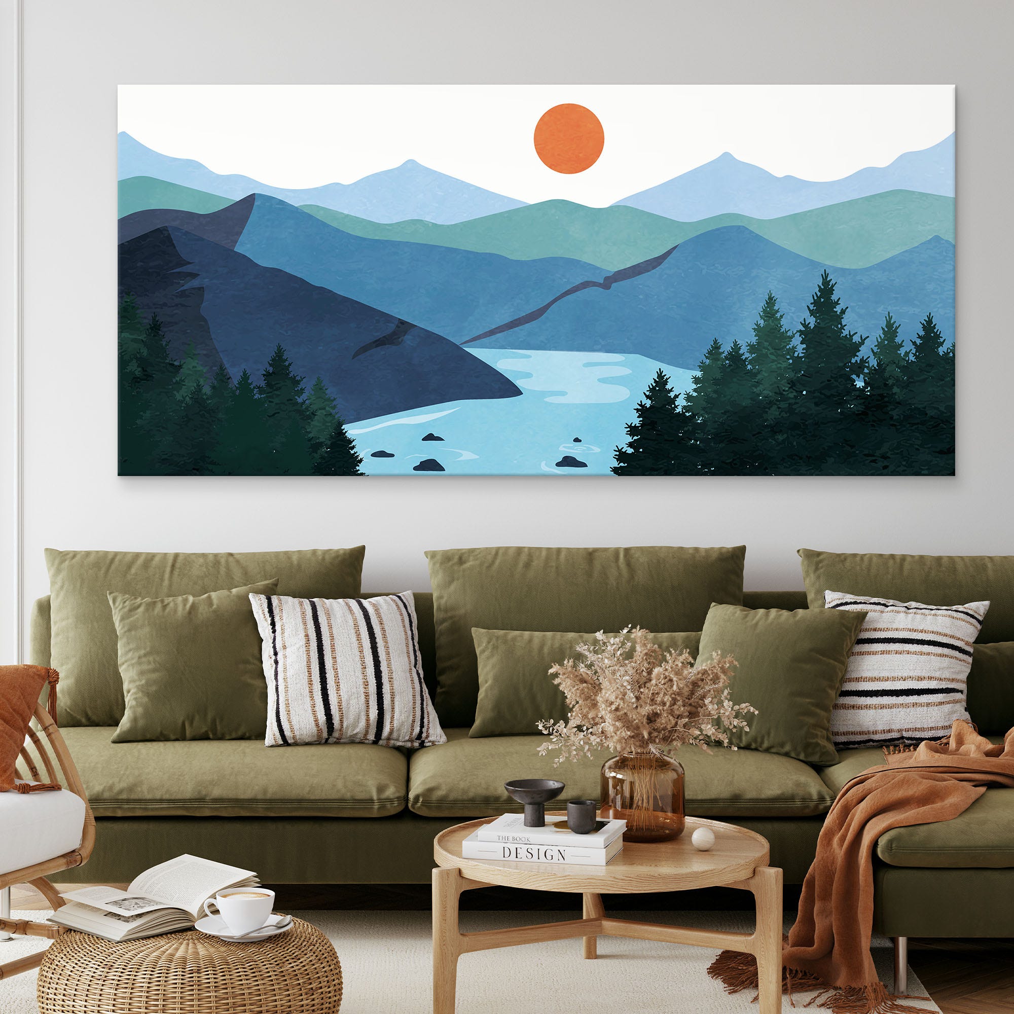 ภาพขึงเฟรมไม้พร้อมแขวน - ARTPRINTSIAM - Boho Chic Painting Landscape Illustration Blue Mountains With Lake And Sun At Sunset 170x80cm-1