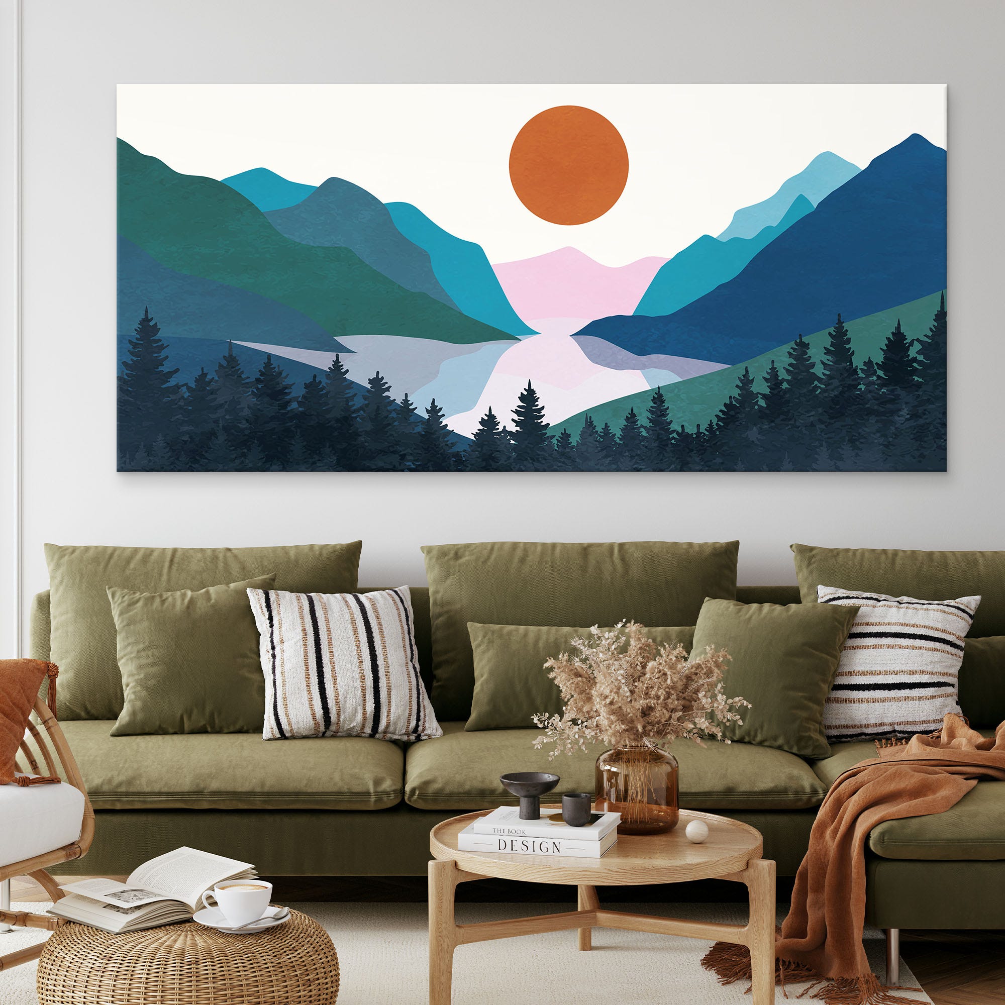 ภาพขึงเฟรมไม้พร้อมแขวน - ARTPRINTSIAM - Boho Chic Painting Landscape Illustration Colorful Mountains With Pine Forest And Lake At Sunset 170x80cm-1