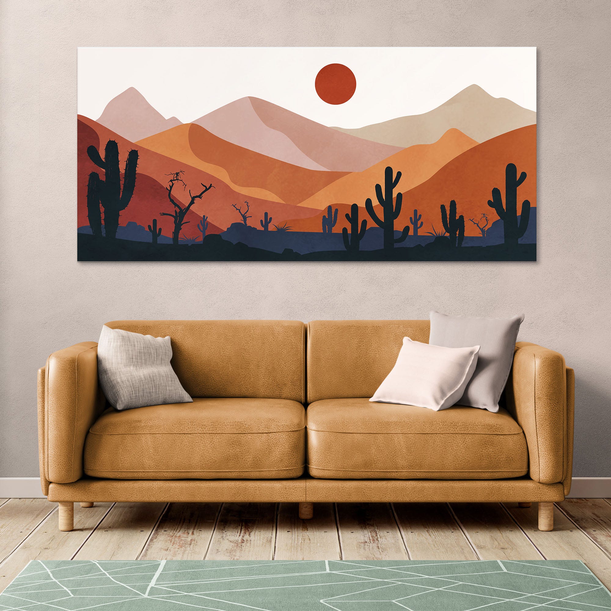 ภาพขึงเฟรมไม้พร้อมแขวน - ARTPRINTSIAM - Boho Chic Painting Landscape Illustration Mountainous Desert With Cactus And Setting Sun 170x80cm-1