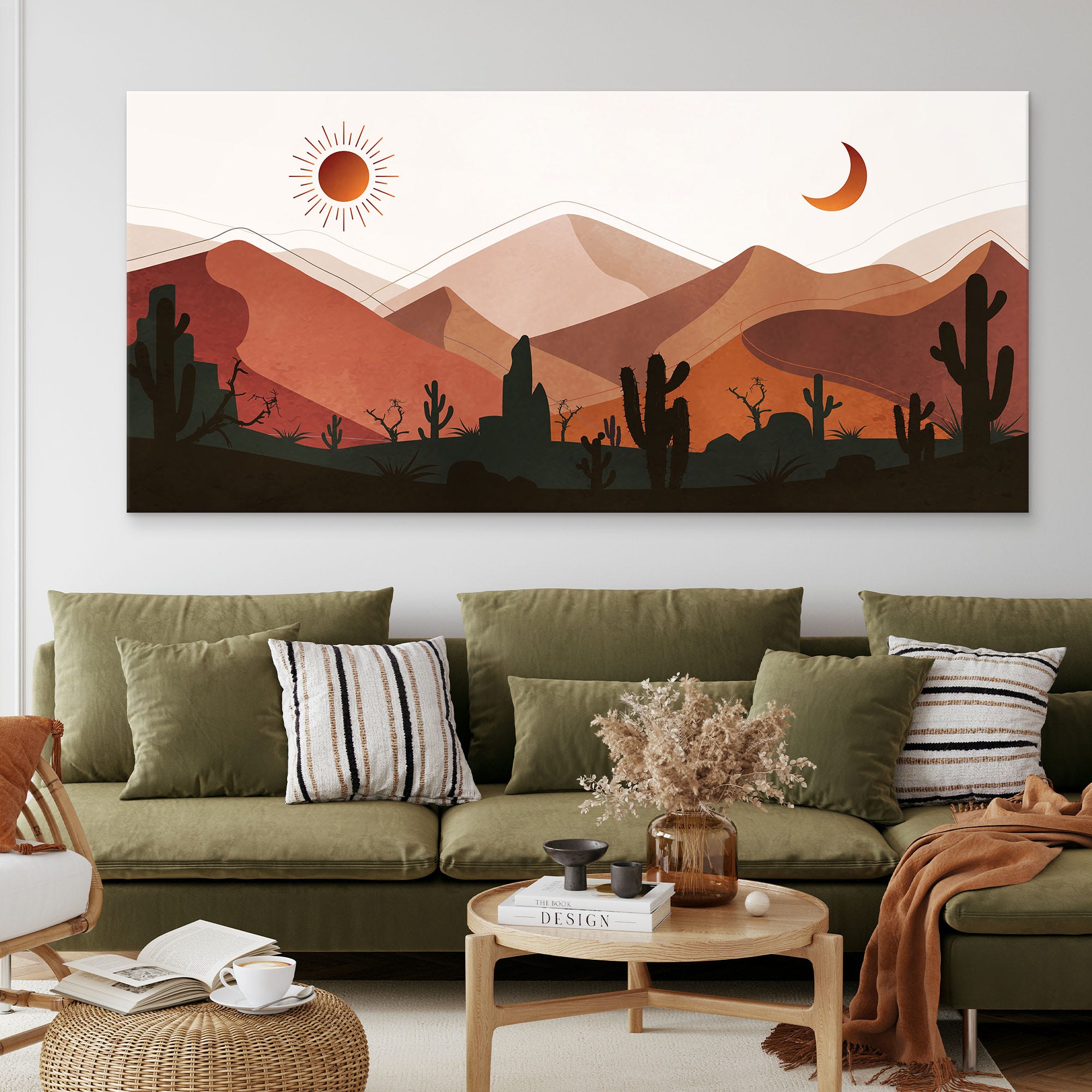 ภาพขึงเฟรมไม้พร้อมแขวน - ARTPRINTSIAM - Boho Chic Painting Illustration Landscape Mountainous Desert With Cactus At Sunset And Crescent Moon 170x80cm-1