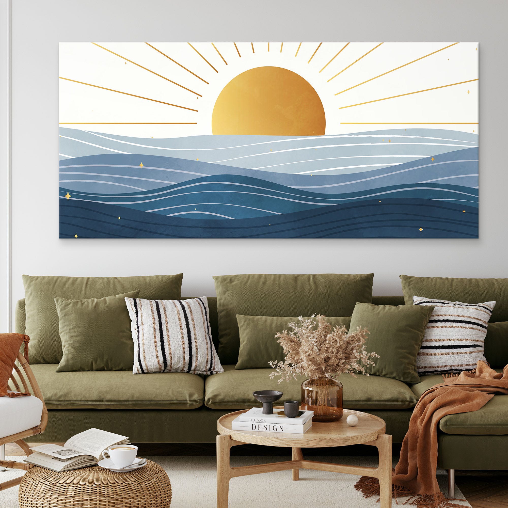 ภาพขึงเฟรมไม้พร้อมแขวน - ARTPRINTSIAM - Boho Chic Landscape Illustration Painting Sunrise Over The Sea With Golden Sun And Blue Waves 170x80cm-1