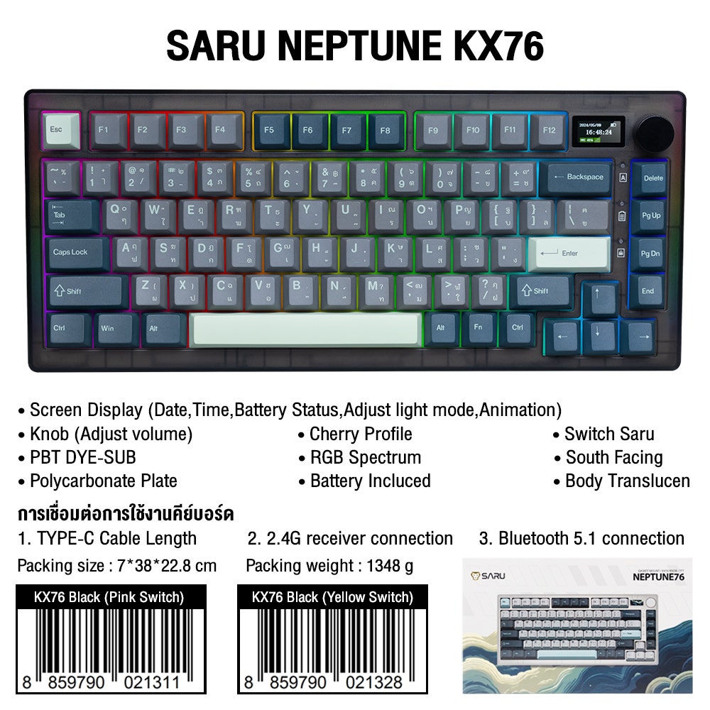 SARU คีย์บอร์ด Custom Keyboard รุ่น KX76 WHITE NEPTUNE LUNAR-1