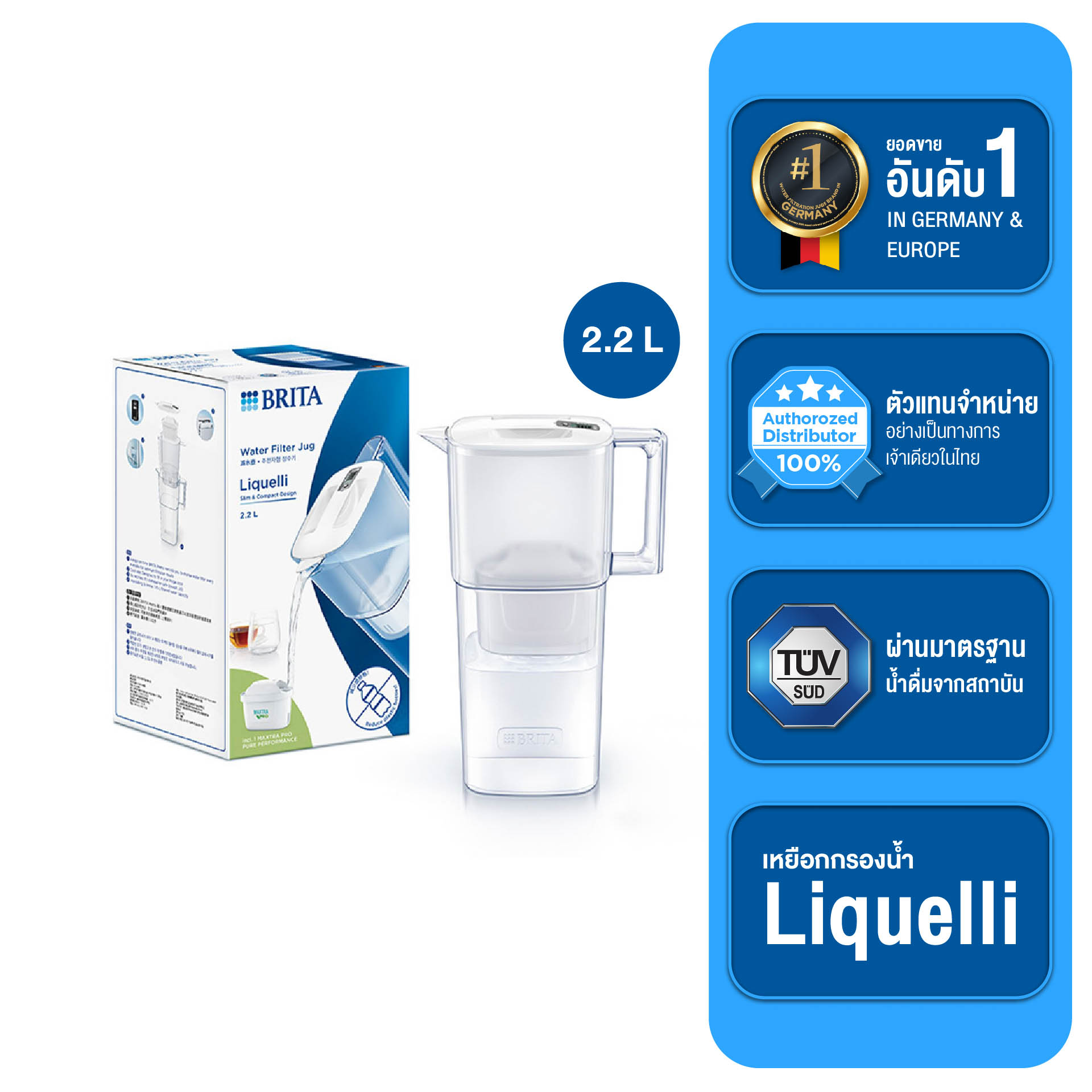 BRITA เหยือกกรองน้ำ รุ่น Liquelli  2.2L พร้อมไส้กรองน้ำรุ่นใหม่ Maxtra PRO-1